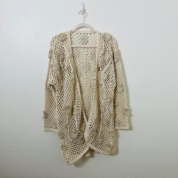 Lim's Vintage Handmade Crocheted Boho Cream Duster Floral Applique - Picture 1 of 7